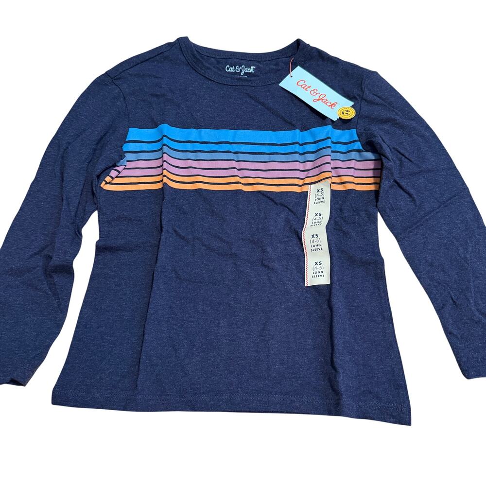 Cat & Jack Boys' Navy Blue Chest Striped Long Sleeve T-Shirt - Size XS - NWT